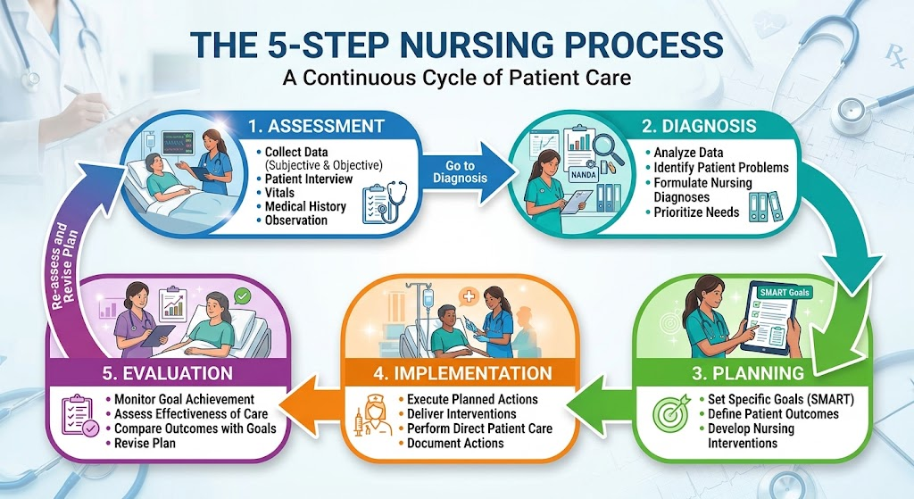 NANDA-I nursing care plan example template showing nursing diagnosis, SMART outcomes, evidence-based interventions with rationales, and evaluation criteria